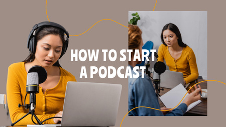 Woman in Headphones Recording Podcast Youtube Thumbnail Design Template