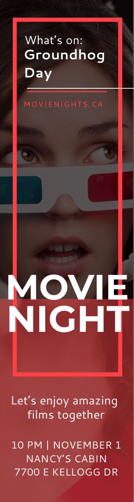 Movie Night Event with Woman in 3d Glasses Skyscraper Design Template