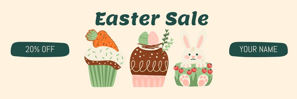Easter Sale Announcement with Traditional Cakes and Rabbit Twitter Design Template