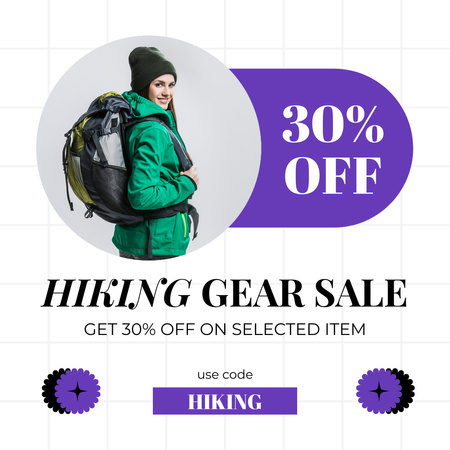 Plantilla de diseño de Venta de equipo de senderismo con mujer con mochila grande Instagram 