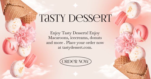 Delicious Desserts Ad with Ice Cream and Macaroons Facebook AD Design Template