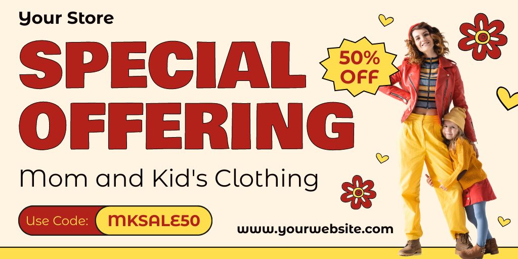Platilla de diseño Special Offer of Clothes for Mom and Kid Twitter