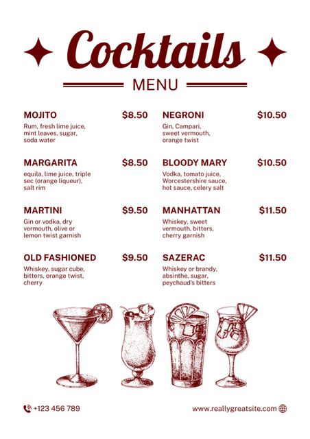 Alcohol Drinks Price-List with Sketch Illustration Menu Design Template