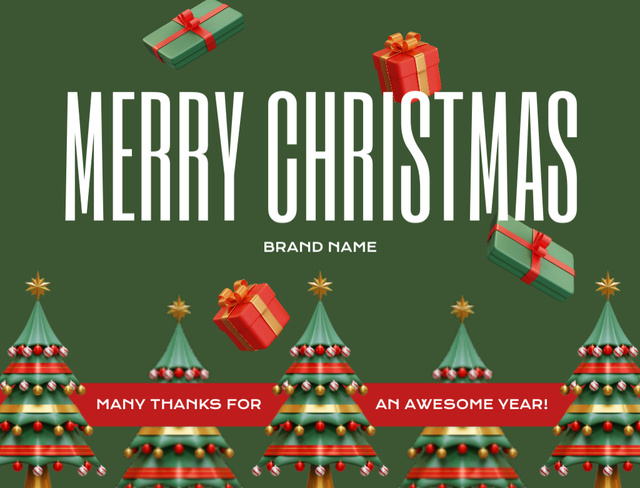 Merry Christmas Greeting with Festive Trees on Green Postcard 4.2x5.5in Šablona návrhu