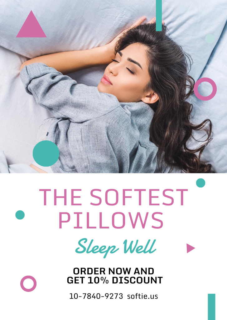 Plantilla de diseño de Pillows Ad with Woman sleeping in Bed Flyer A6 