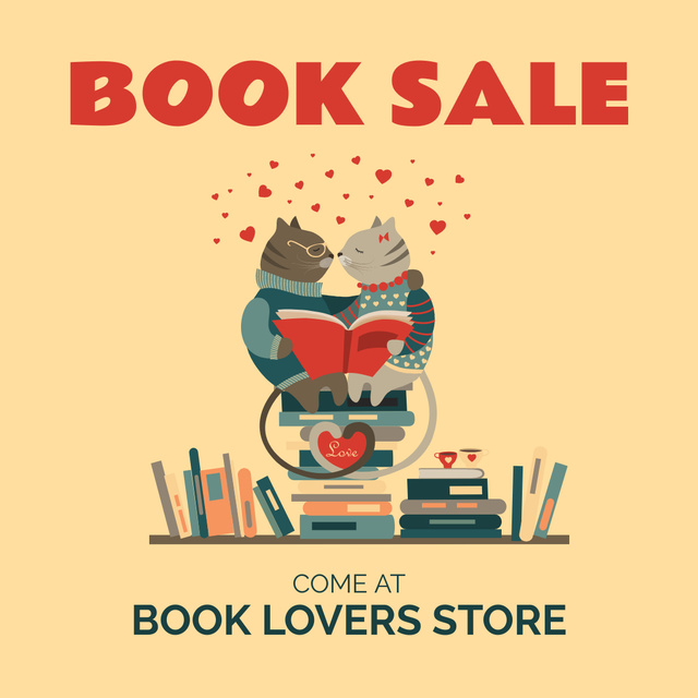 Books Sale Announcement with Cute Cats in Love Instagram Design Template