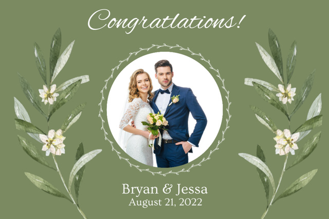 Wedding Announcement With Happy Newlyweds with Beautiful Flowers Postcard 4x6in – шаблон для дизайну