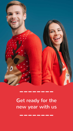 New Year Offer with Couple in Funny Sweaters Instagram Story Design Template