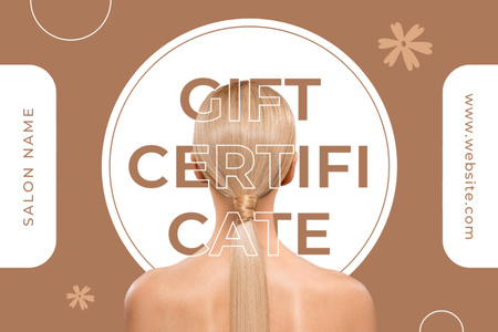 Kauneussalonkimainos, jossa on nainen, jolla on hehkuvat pitkät hiukset Gift Certificate Design Template