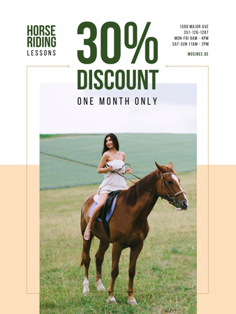 Plantilla de diseño de Promoción de la escuela de equitación con mujer montando a caballo Poster US 