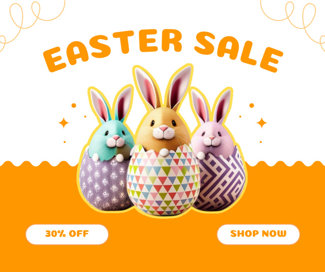 Easter Sale Promo with Cute Bunnies in Eggs Facebook Design Template