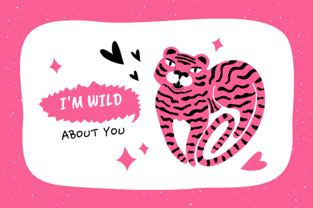Love Phrase with Cute Pink Tiger Postcard 4x6in Design Template