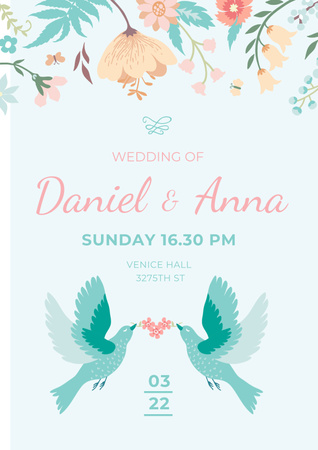 Wedding Invitation with Loving Birds and Flowers Poster Design Template