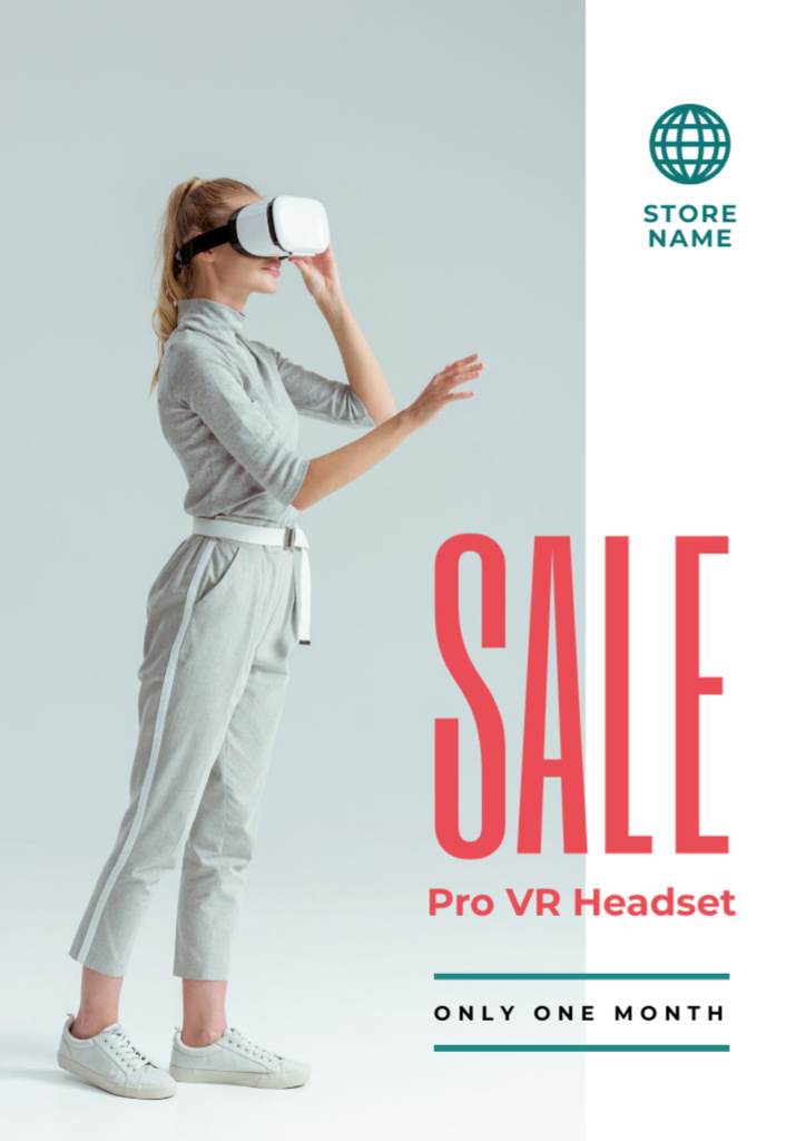 Plantilla de diseño de VR Headsets Sale Ad with Woman Using Virtual Reality Glasses Flyer A4 