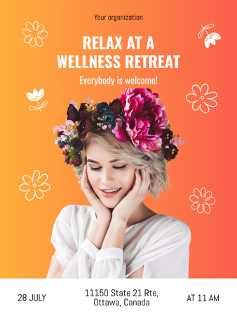 Wellness Retreat Ad with Woman in Floral Wreath Poster US Design Template