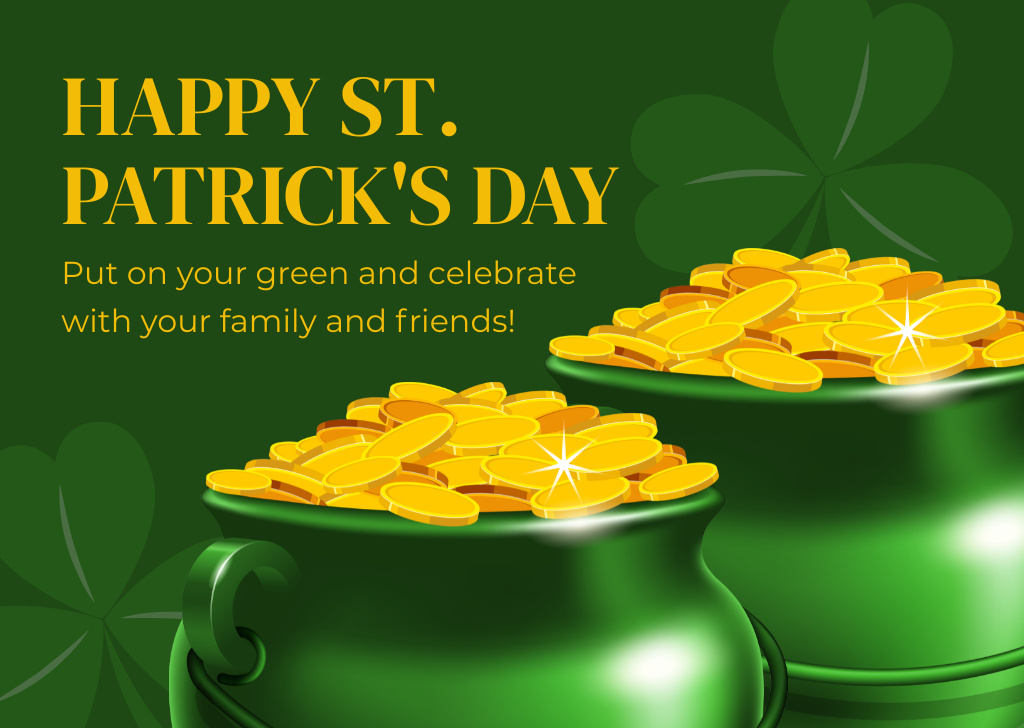 Amazing St. Patrick's Day Greeting with Pots of Gold Card Design Template