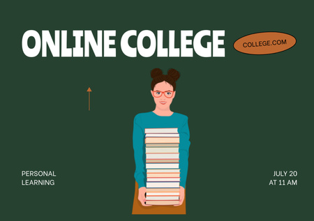 Designvorlage Online-Bewerbungsausschreibung für ein College mit Mädchen mit Buchillustration für Flyer A5 Horizontal