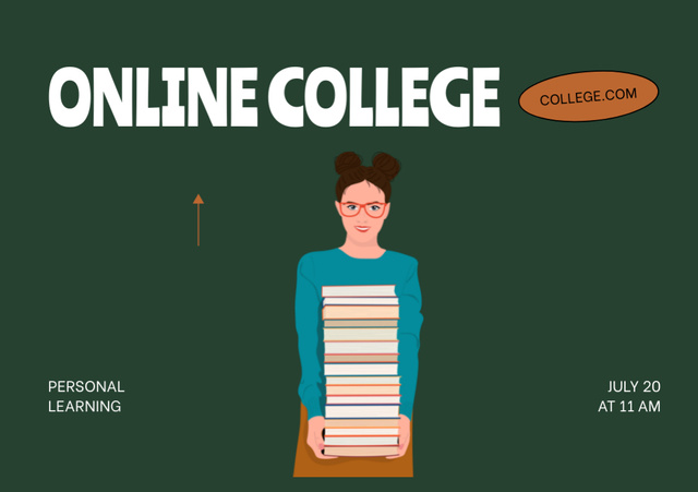 Online College Apply Announcement with Girl with Books Illustration Flyer A5 Horizontalデザインテンプレート