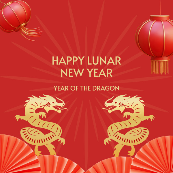 Happy New Year Greetings with Dragons and Lanterns