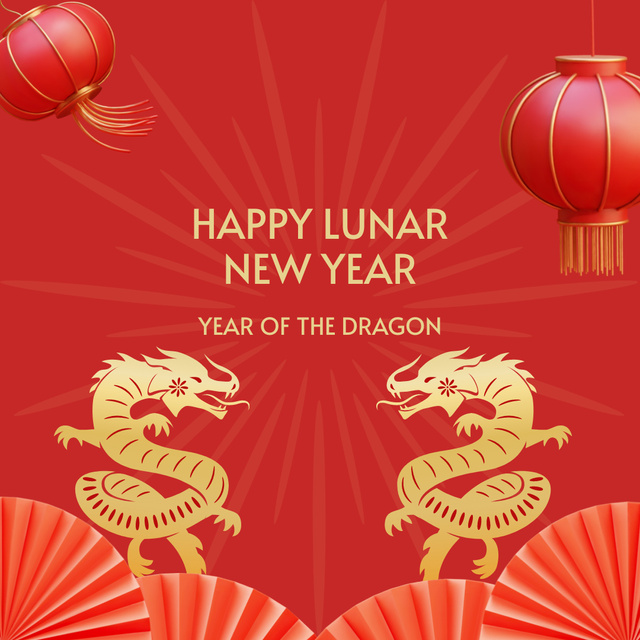 Happy New Year Greetings with Dragons and Lanterns Instagram Design Template