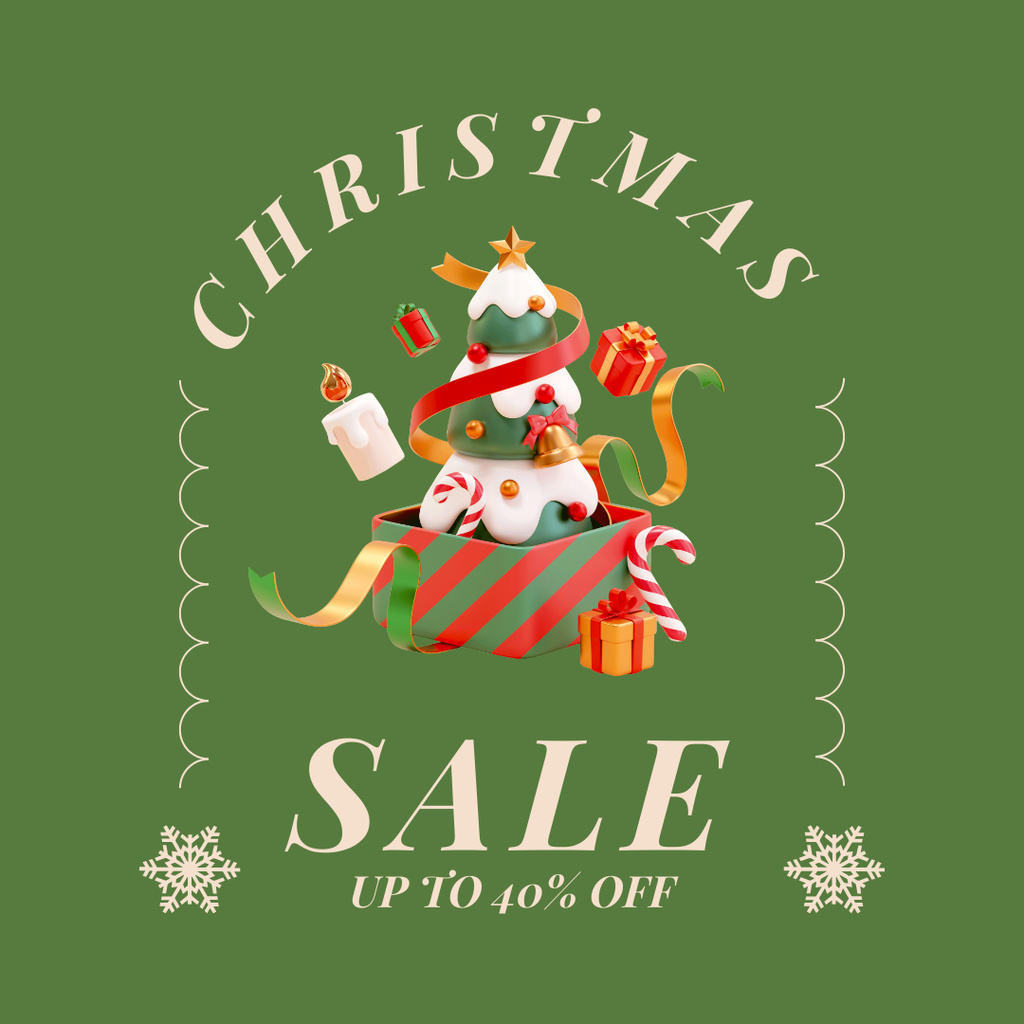 Christmas Sale Offer Tree in Present Box and Candle Instagram ADデザインテンプレート