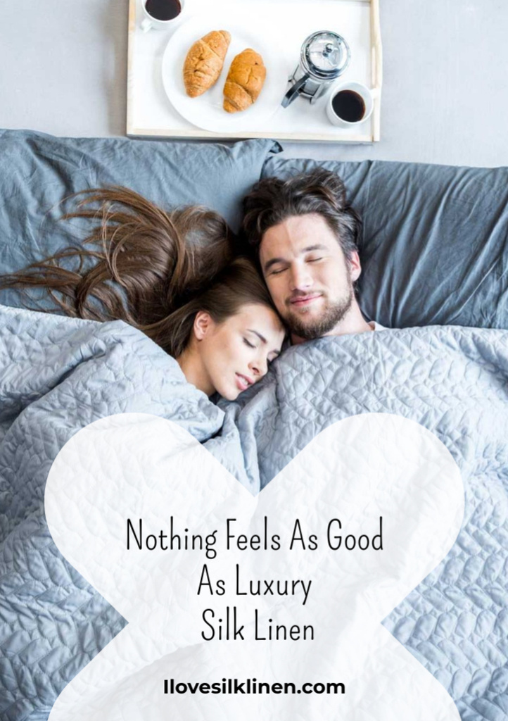 Silk Bed Linen Ad with Couple Sleeping in Bed Flyer A7 Modelo de Design