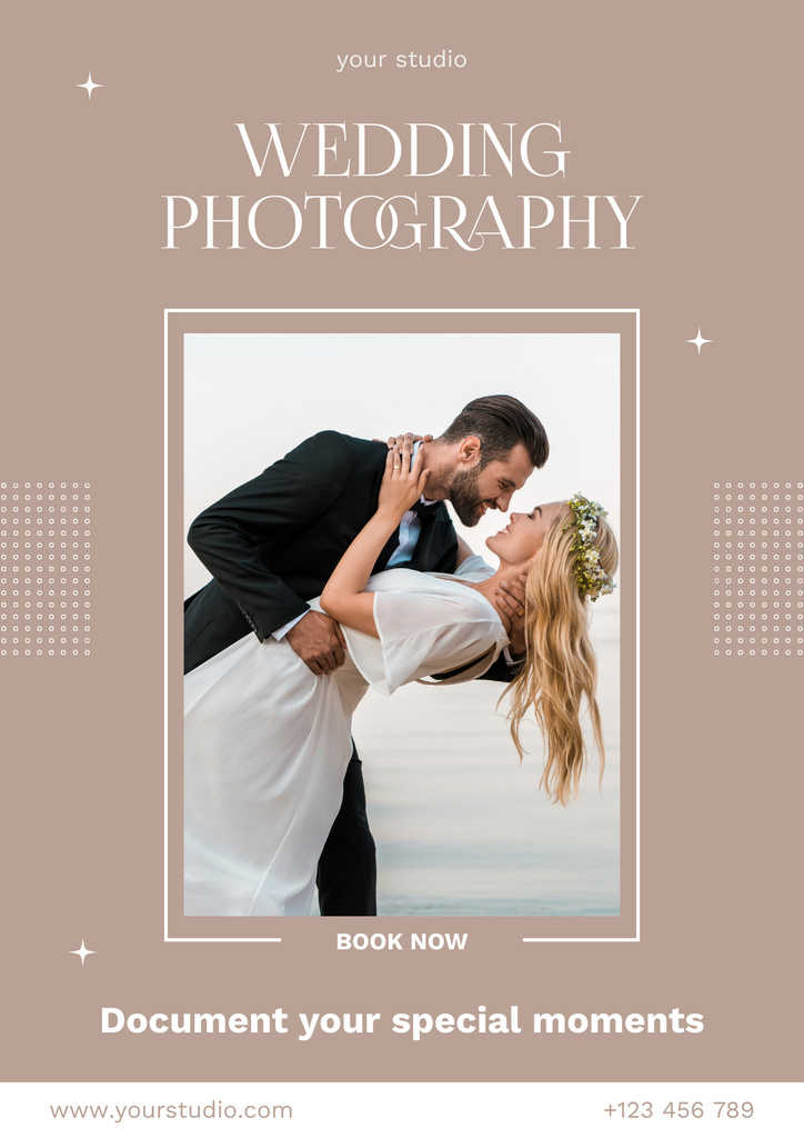 Szablon projektu Photo Services Offer with Romantic Wedding Couple on Beach Poster