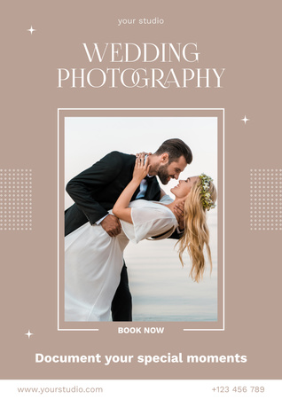 Photo Services Offer with Romantic Wedding Couple on Beach Poster Design Template