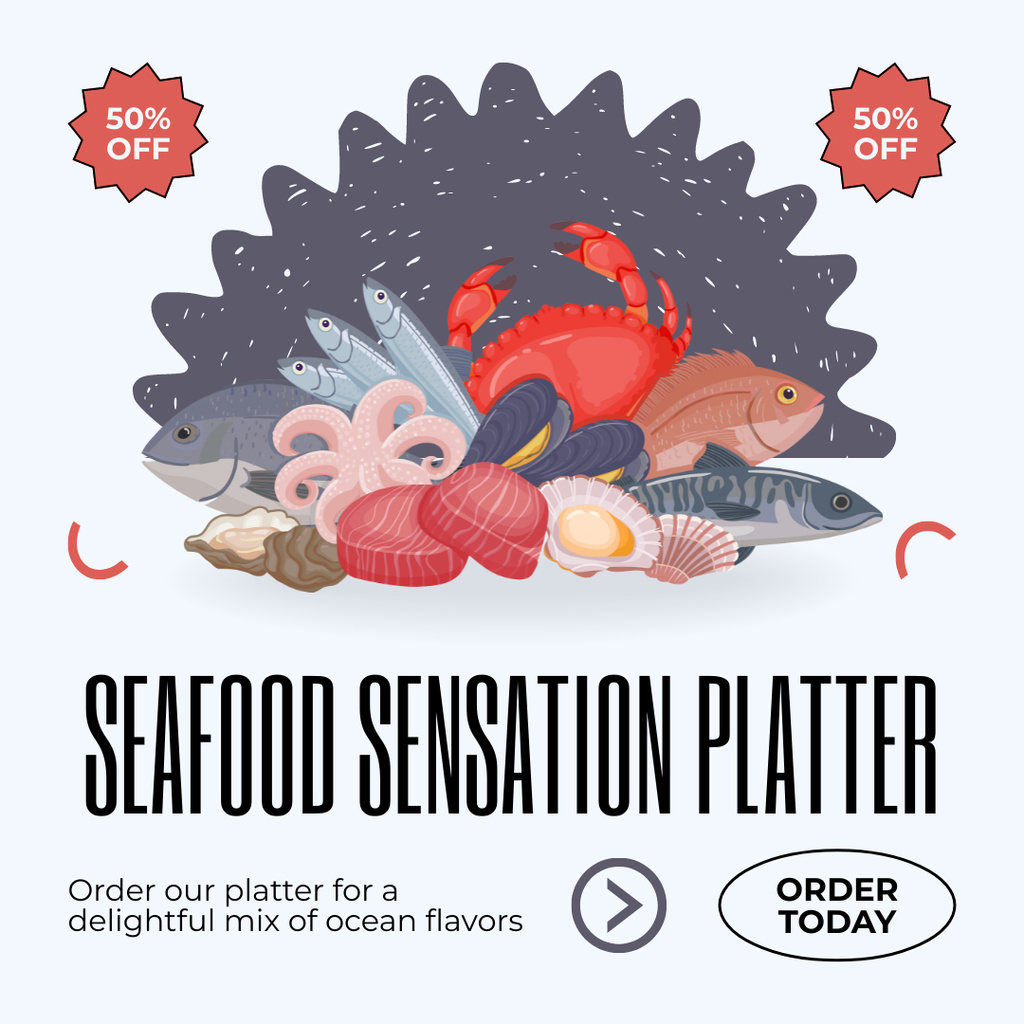 Ad of Seafood Sensation with Offer of Discount Instagram Design Template