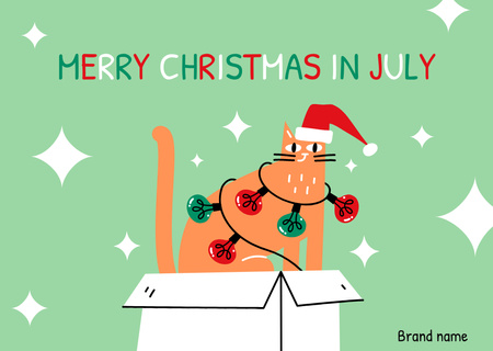 Merry Christmas in July Greeting with Cute Cat in Box Card Design Template