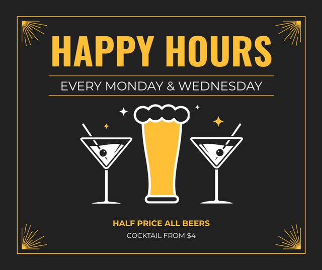 Platilla de diseño Happy Hour with Half Price on Beer and Cocktails Facebook