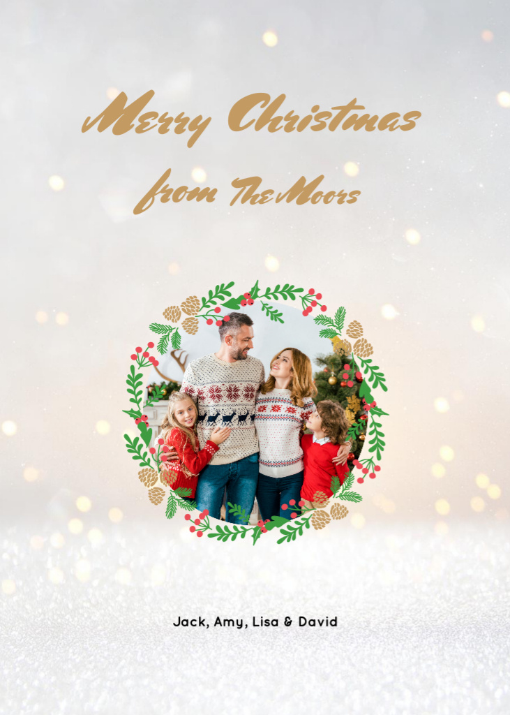 Platilla de diseño Merry Christmas Greeting Family by Fir Tree Postcard 5x7in Vertical