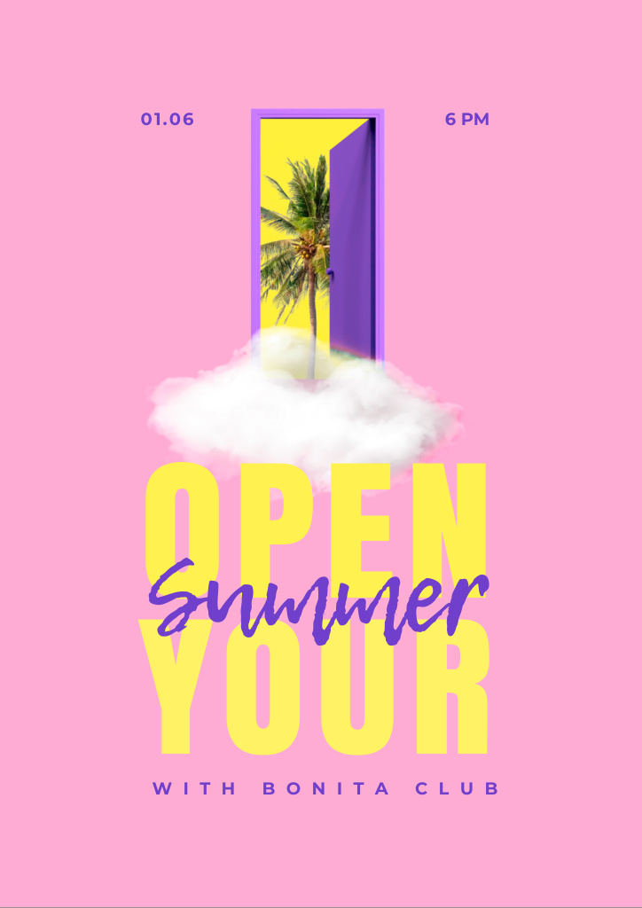 Ontwerpsjabloon van Flyer A4 van Summer Party Announcement with Open Door and Palm Tree