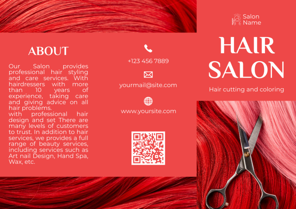 Hair Salon Ad with Red and Pink Hair Brochureデザインテンプレート