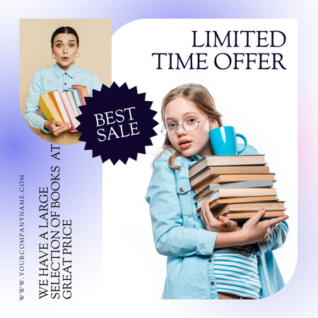 Book Special Sale Announcement with Little Girl in Glasses Instagram Design Template