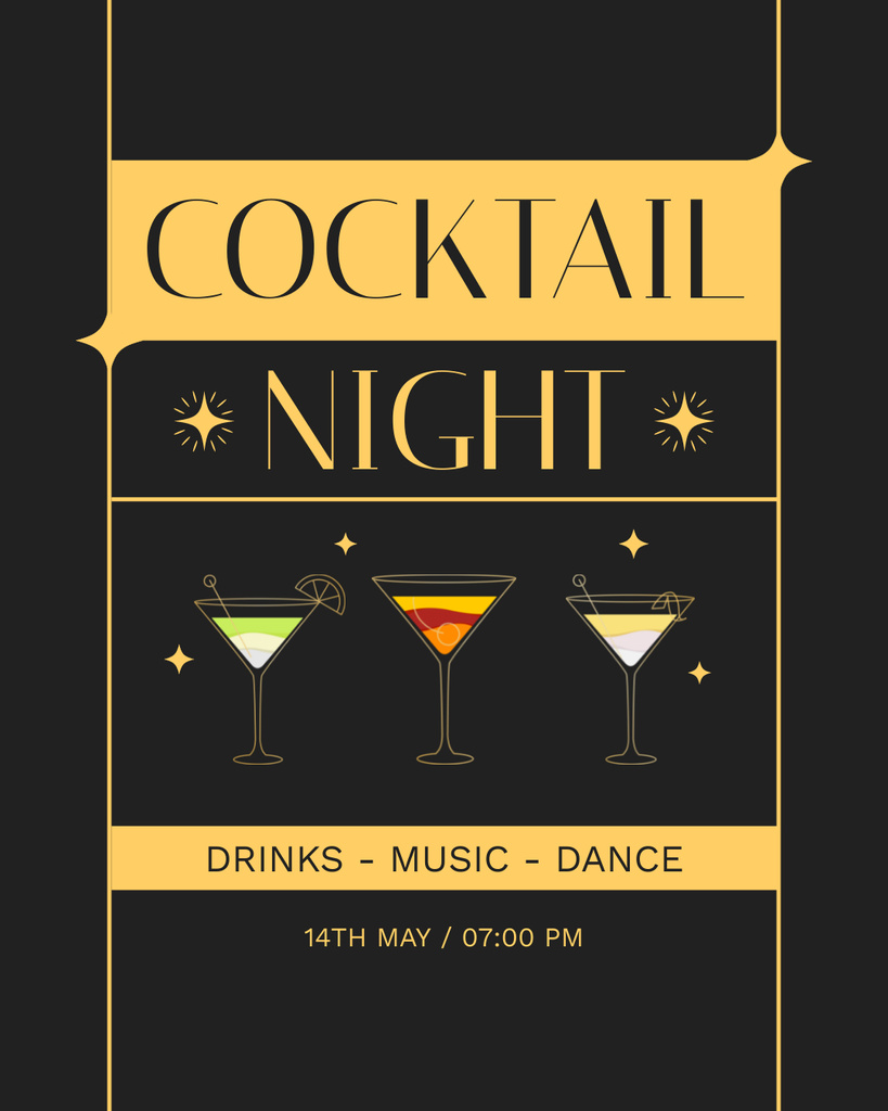 Announcement of Cocktail Night with Dance and Music Instagram Post Vertical tervezősablon