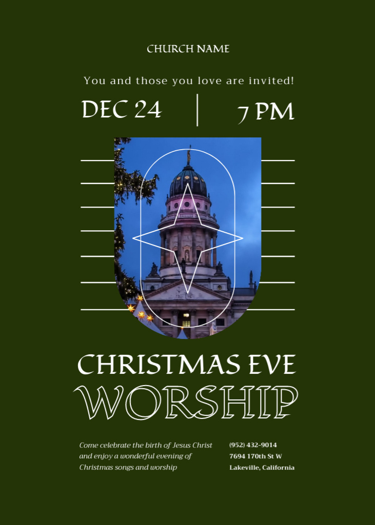 Designvorlage Christmas Eve Worship Announcement für Invitation