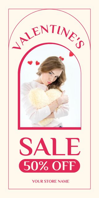 Plantilla de diseño de Valentine's Day Discount Announcement with Woman with Plush Heart Graphic 