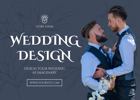 Designvorlage Hochzeitsdesign-Serviceangebot mit einem glücklichen schwulen Paar für Postcard 5x7in
