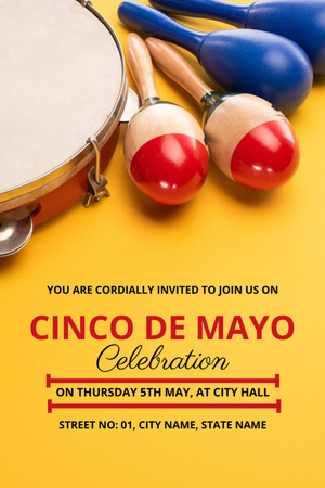 Cinco de Mayo Celebration with Maracas and Tambourine Invitation 6x9in Design Template