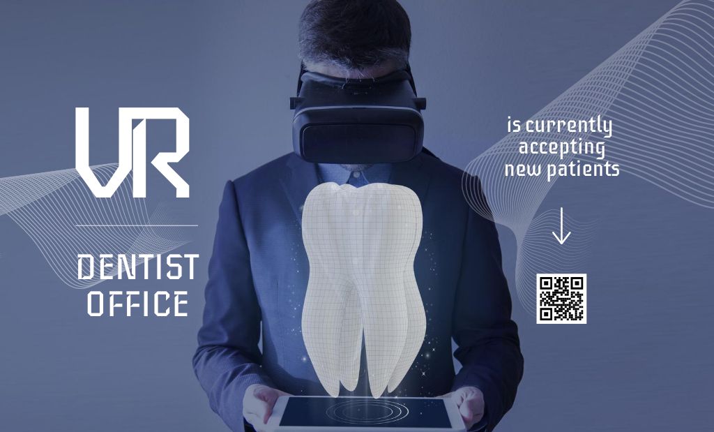 Man Wearing Virtual Reality Glasses Looking at Tooth Business Card 91x55mm – шаблон для дизайна
