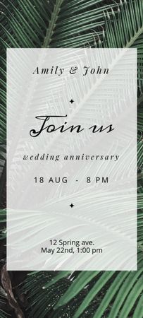 Template di design annuncio anniversario di matrimonio con foglie tropicali Invitation 9.5x21cm