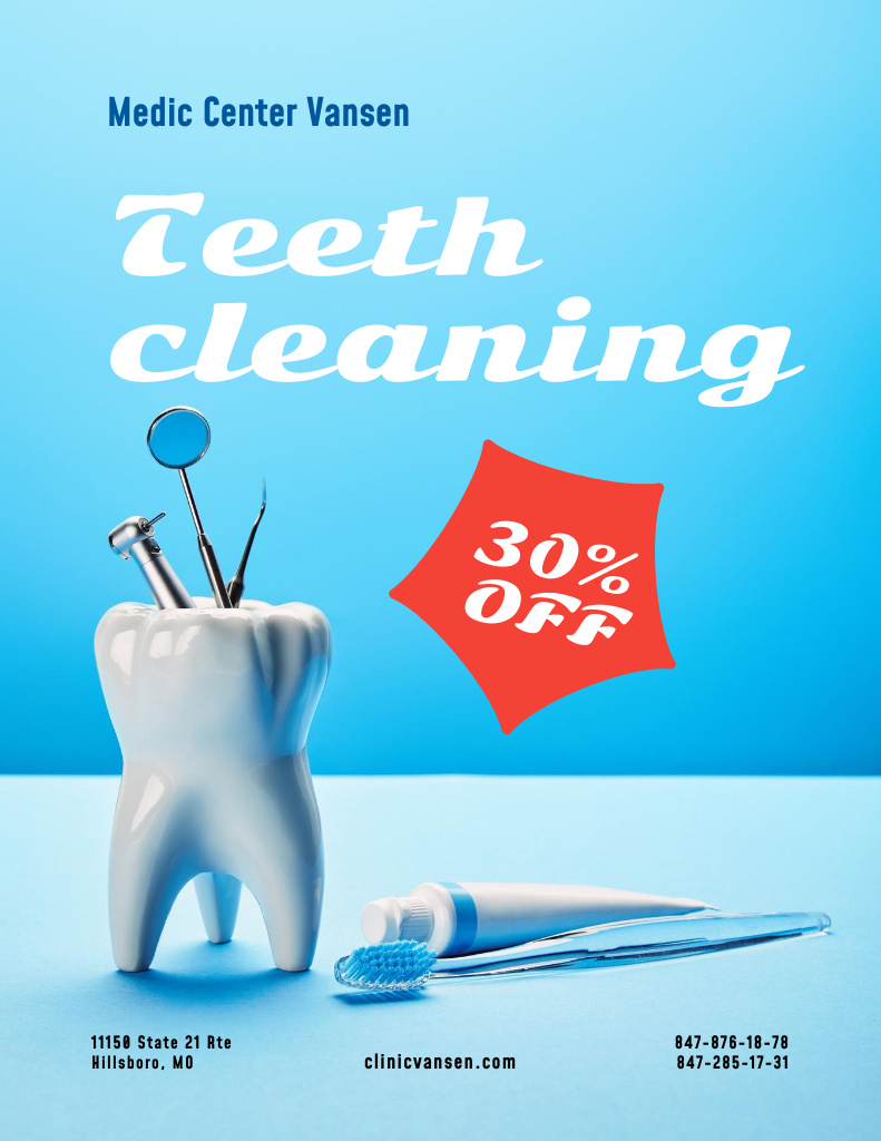 Designvorlage Discount Offer on Teeth Cleaning on Blue für Poster 8.5x11in
