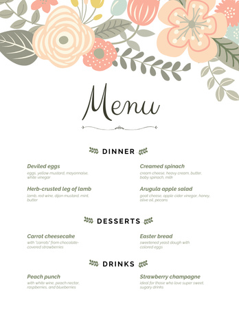 Simple Wedding Appetizers List with Cartoon Flowers Menu 8.5x11inデザインテンプレート