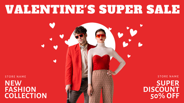 Valentine's Day Sale with Couple in Love on Red with Hearts FB event cover – шаблон для дизайну
