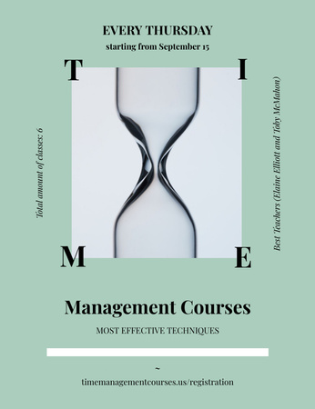 Management Courses Offer with Hourglass on Green Invitation 13.9x10.7cm Design Template