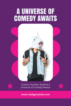 Ontwerpsjabloon van Pinterest van Aankondiging van comedians audities met man in paardenmasker