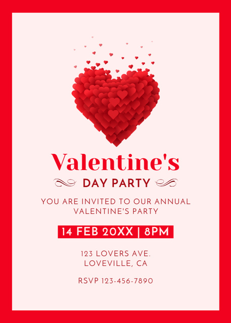 Valentine's Day Party Announcement with Red Hearts in Frame Invitation Design Template