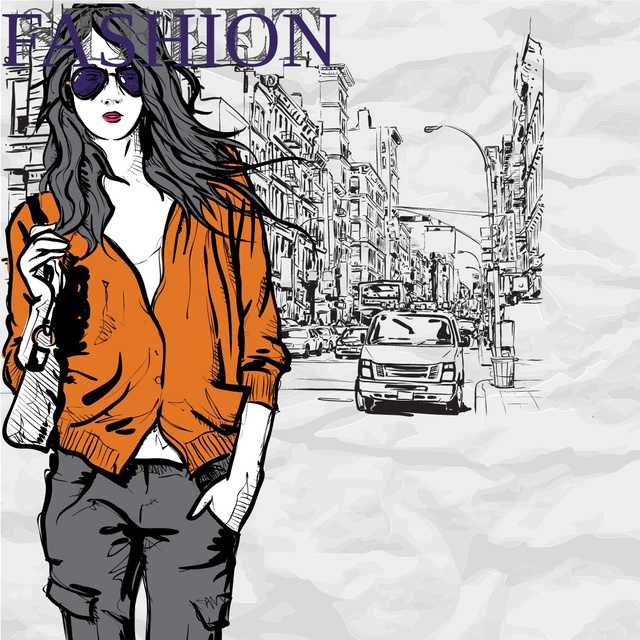 Illustration of Stylish Woman in the city Instagram Tasarım Şablonu