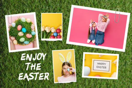 Colagem de Páscoa com crianças felizes e ovos coloridos na grama Mood Board Modelo de Design